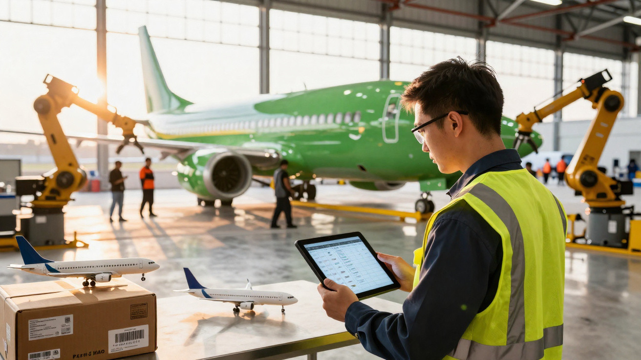 Homem com colete de segurança usa tablet em hangar com aviões e robôs industriais ao fundo.