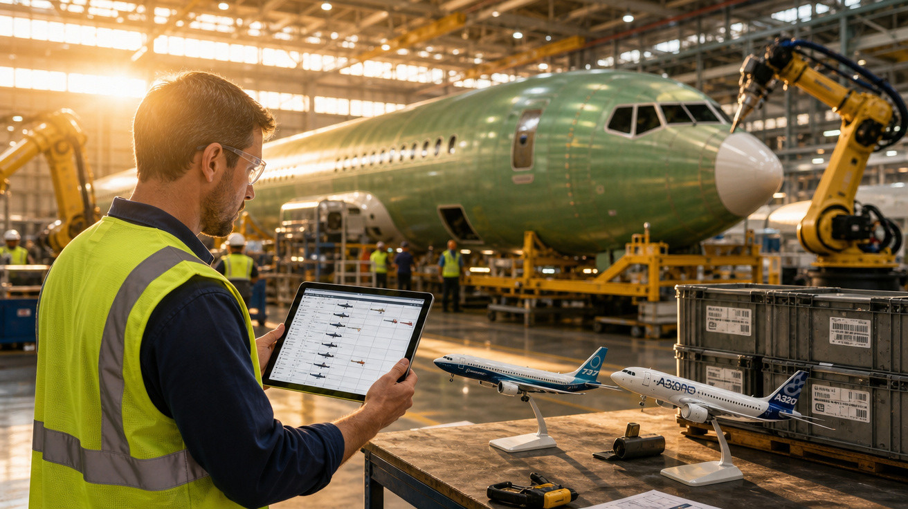 Engenheiro com tablet verifica maquetes de aviões em fábrica com aeronave em montagem ao fundo.