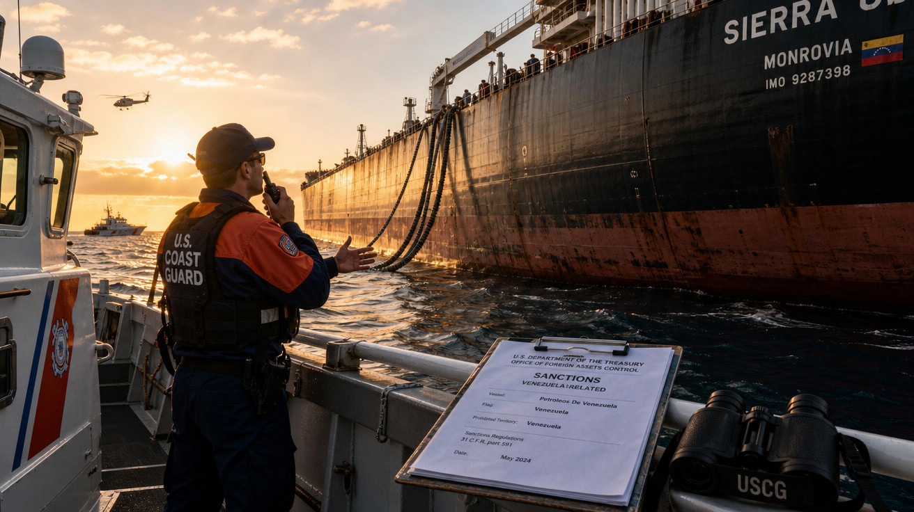 Oficial da Guarda Costeira dos EUA em barco conversa via rádio com navio Sierra em mar ao pôr do sol.