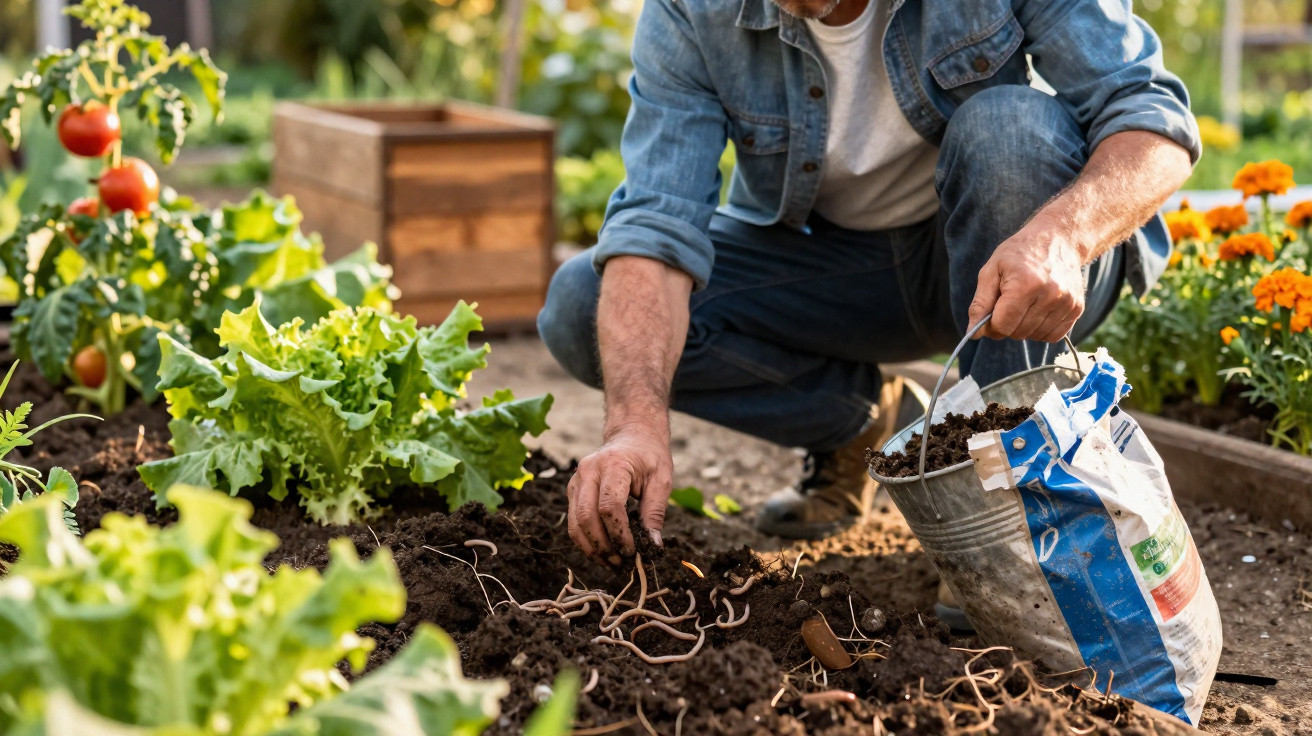 Homem plantando minhocas na terra de uma horta com alface, tomates e flores ao fundo.