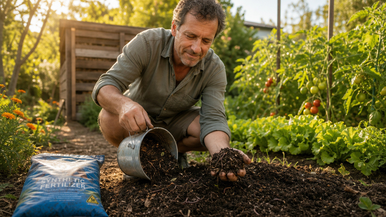 Homem sorridente aplicando fertilizante no solo de uma horta com vegetais ao fundo.