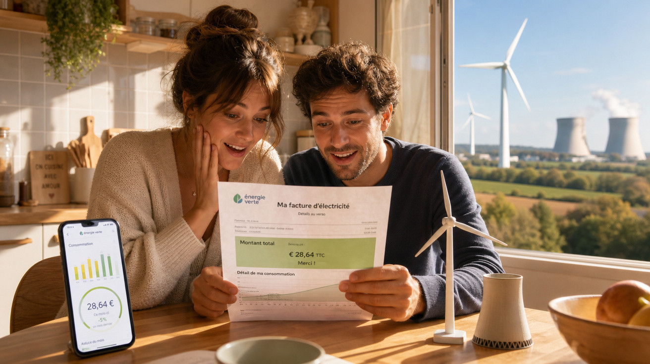 Casal feliz analisando conta de eletricidade com vista para turbinas eólicas e usina ao fundo.