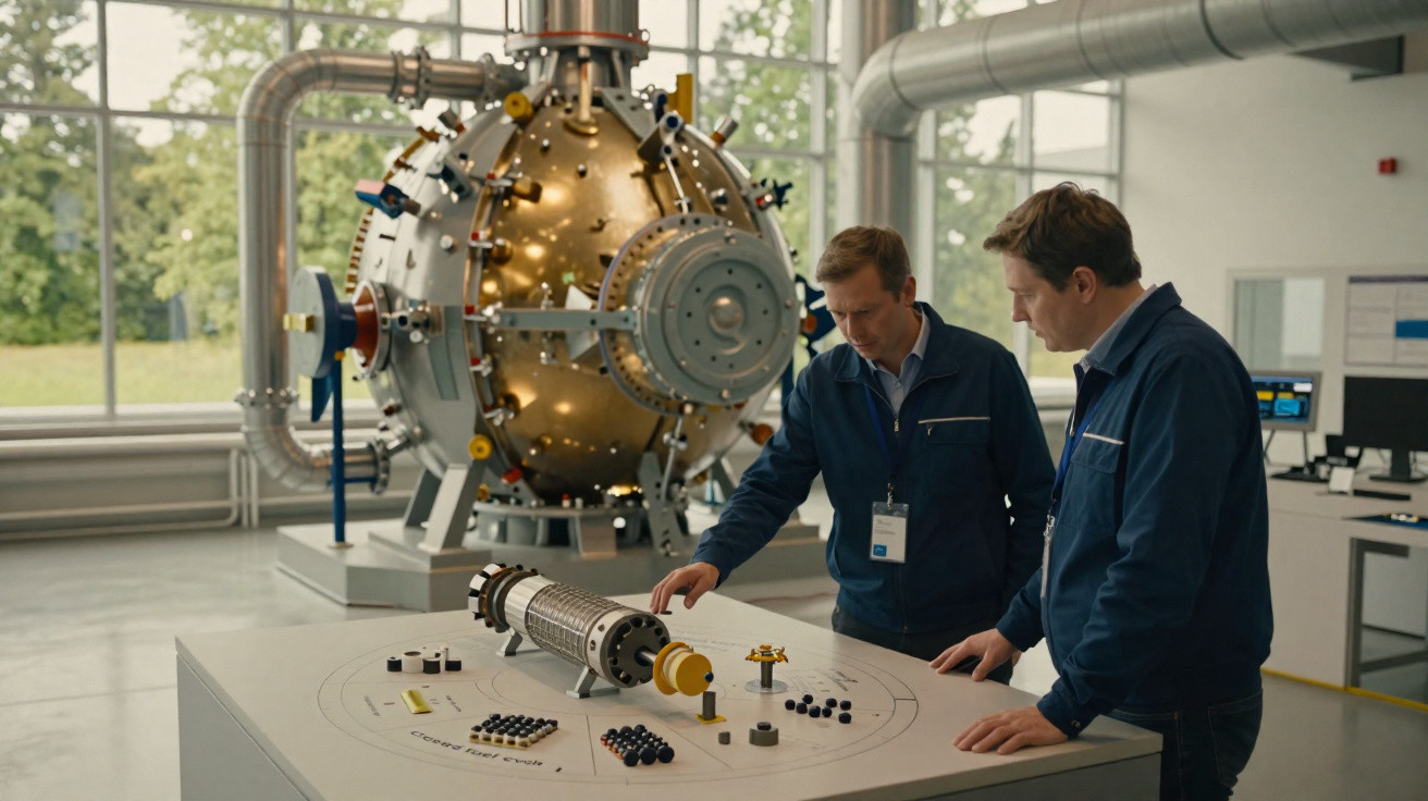 Dois homens analisando maquete técnica em laboratório com equipamento industrial ao fundo.