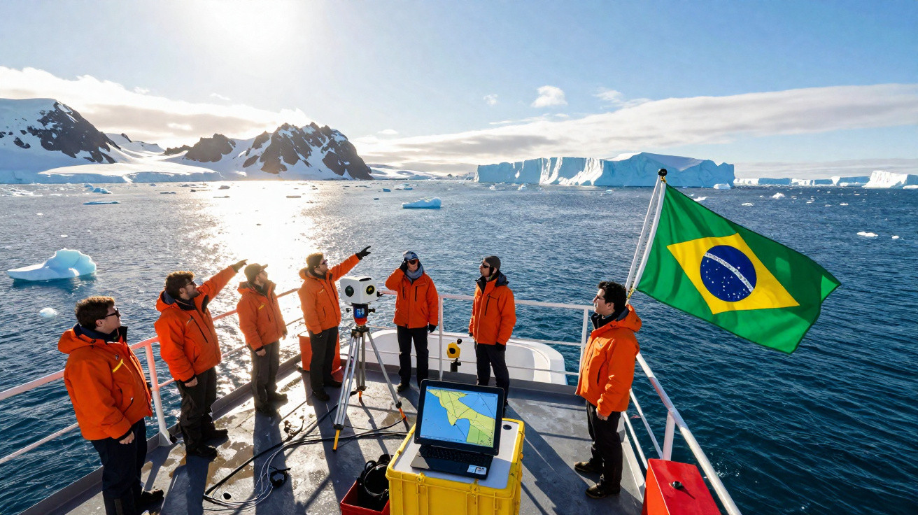 Equipe científica com jaquetas laranja em barco na Antártida, com icebergues e bandeira do Brasil.