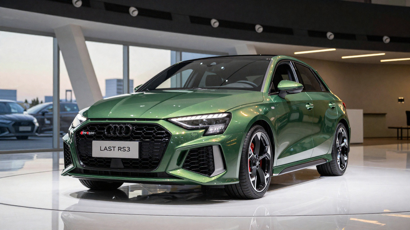 Carro Audi RS3 verde exposto em showroom moderno com detalhes esportivos e rodas aro 19.