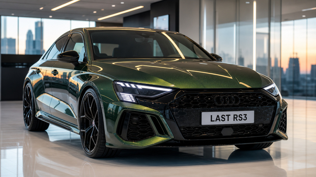 Carro Audi RS3 verde escuro exibido em showroom moderno ao entardecer com iluminação interna refletida na carroceria.
