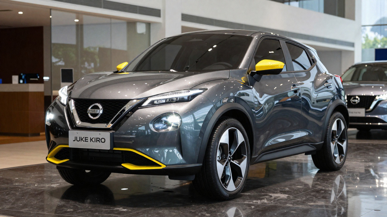 Carro Nissan Juke Kiro cinza com detalhes amarelos exposto em showroom moderno.