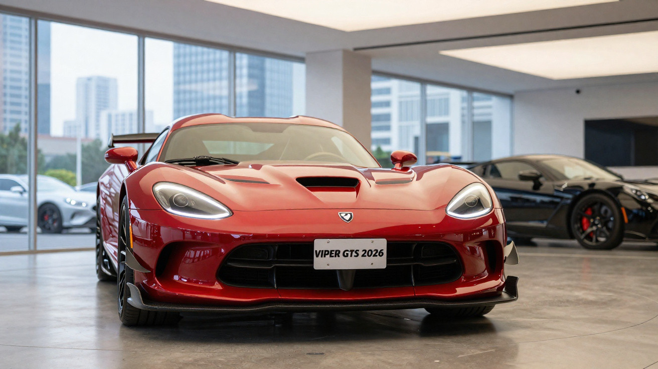 Carro esportivo vermelho Viper GTS 2026 em exposição interna com outro carro preto ao fundo.
