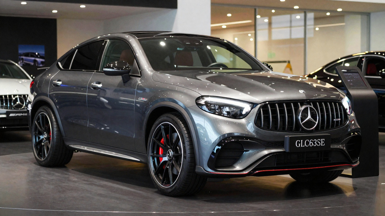 Carro Mercedes-Benz GLC63SE cinza exibido em showroom com rodas pretas e detalhes vermelhos.