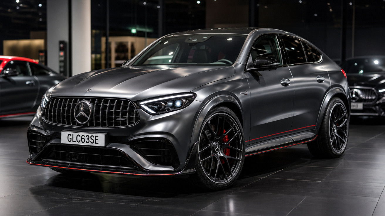 Carro SUV esportivo Mercedes-Benz GLC63SE cinza metálico em exposição interna com rodas pretas.
