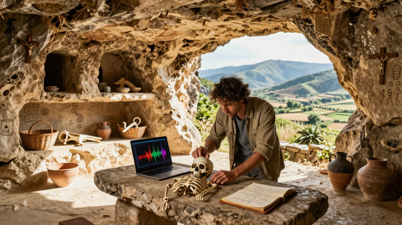 Homem estuda esqueleto em caverna com laptop e caderno, cenário montanhas ao fundo.