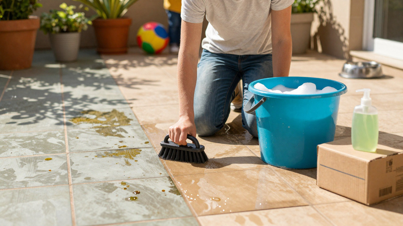 Pessoa limpando piso de azulejos com escova, balde com água e sabão e frasco de detergente ao lado.