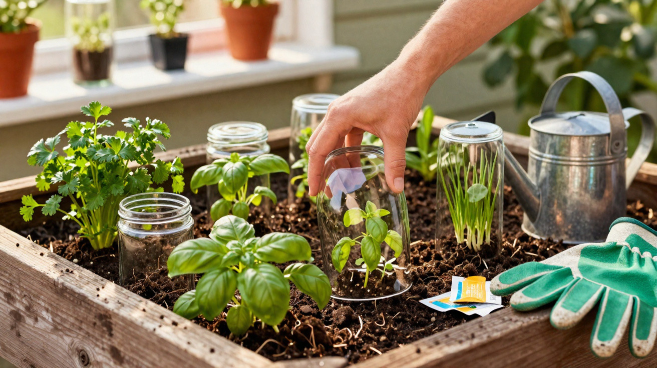 Mão protegendo mudas de plantas sob vidro em canteiro de madeira com luvas, regador e vasos ao fundo.