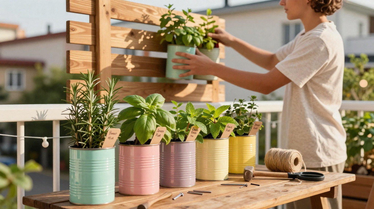Pessoa organizando plantas em vasos coloridos sobre mesa em varanda ensolarada