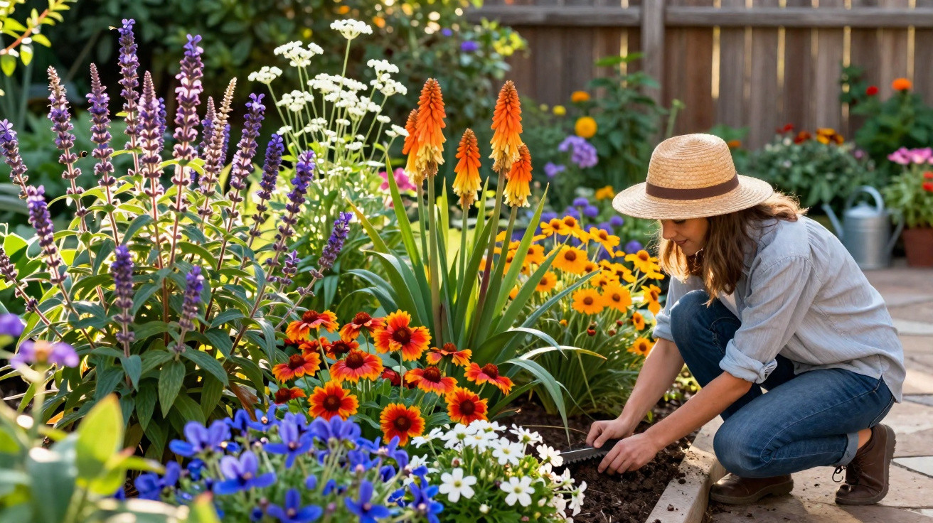 Mulher com chapéu cuidando de flores coloridas em jardim ensolarado cercado por cerca de madeira.
