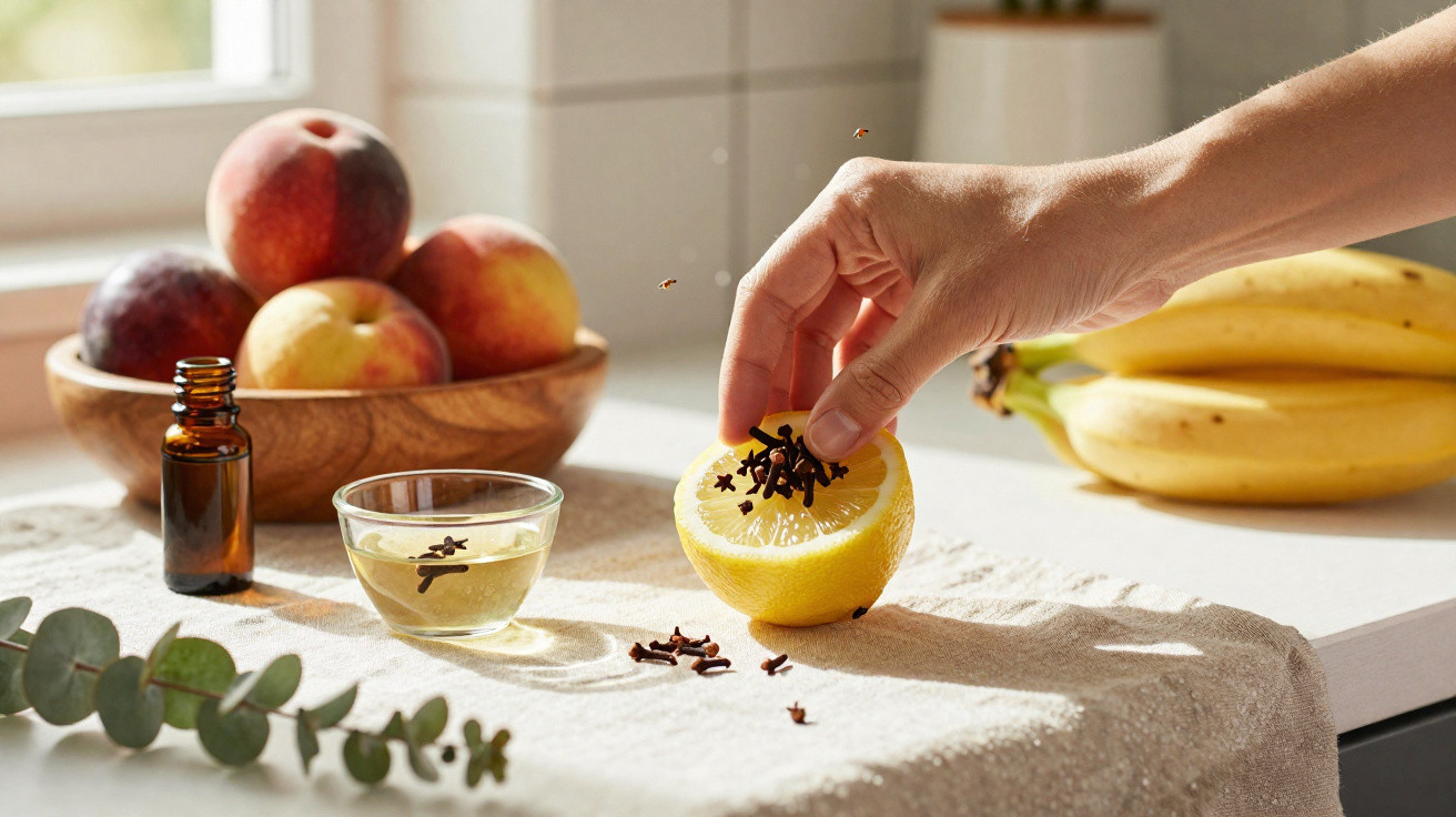 Mão colocando cravos em meio limão sobre toalha, com frutas, óleos e bananas ao fundo na cozinha.