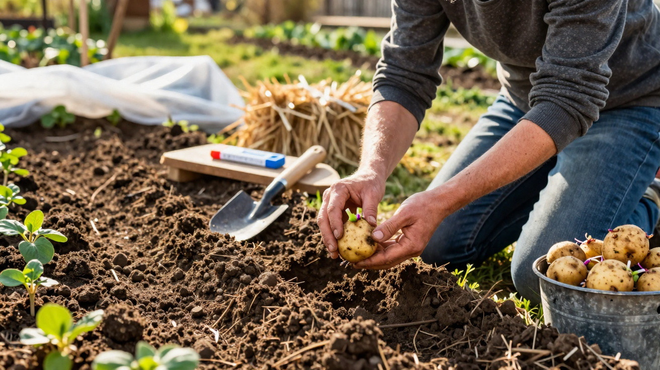 Pessoa plantando batatas com brotos em canteiro de terra em horta caseira, com ferramentas ao lado.
