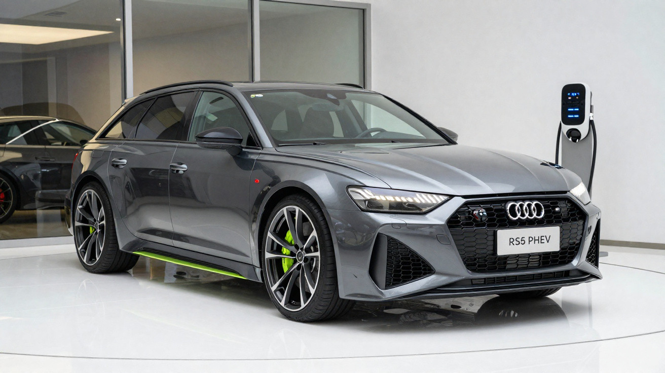 Carro esportivo Audi RS5 PHEV cinza estacionado próximo a ponto de recarga elétrica em ambiente interno.