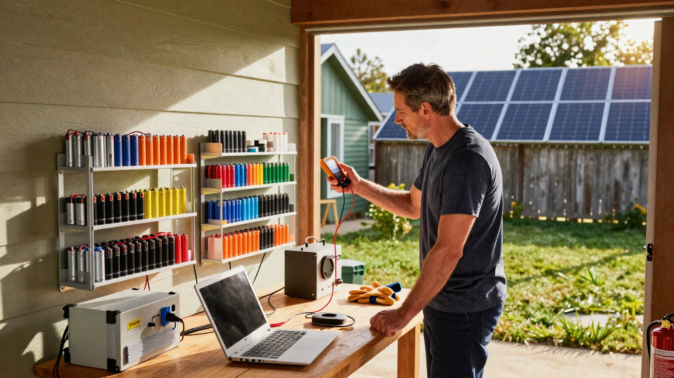 Homem verifica equipamentos eletrônicos em bancada com painéis solares ao fundo em garagem.