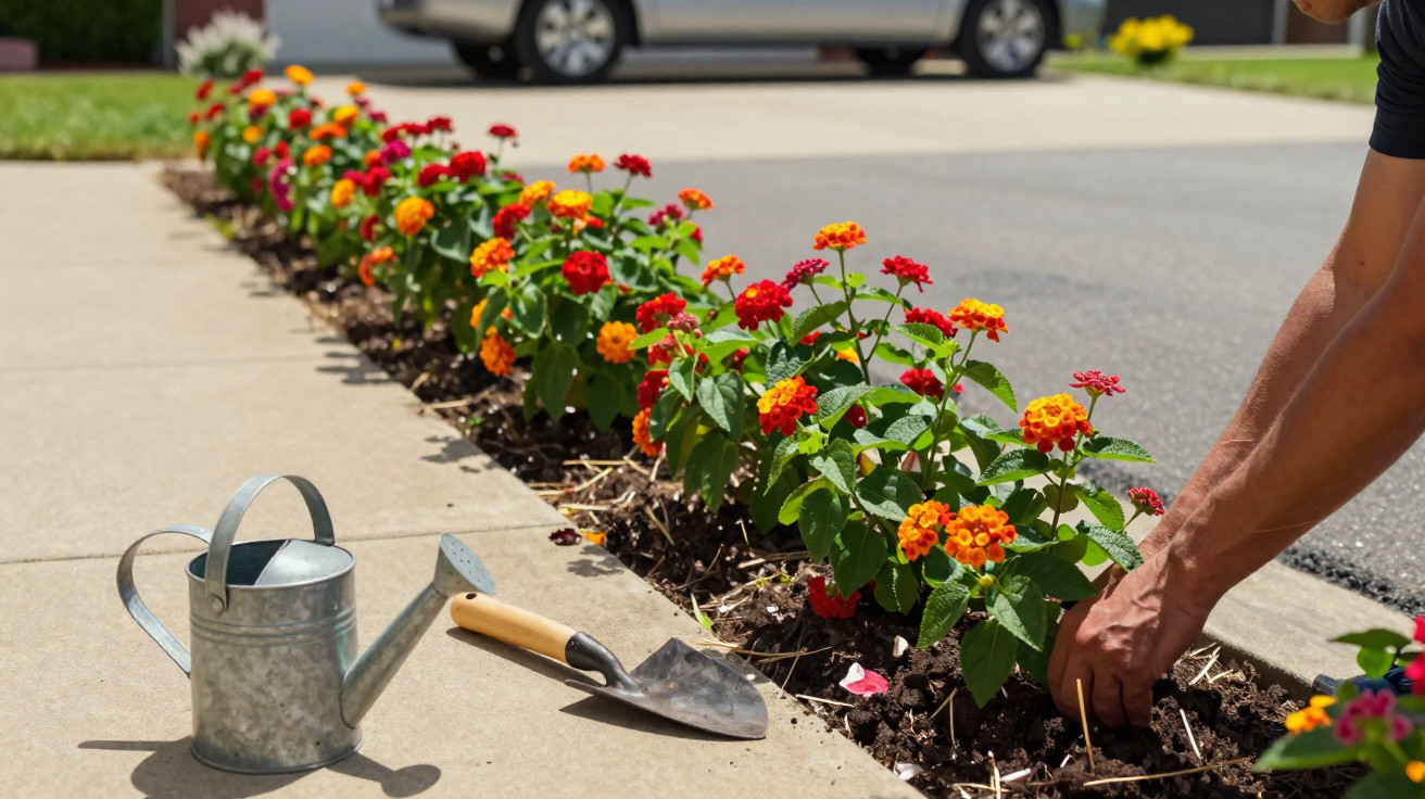 Pessoa cuidando de flores coloridas plantadas na calçada com regador e pá ao lado.