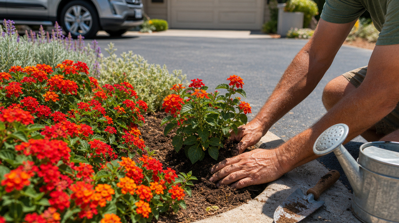 Pessoa plantando flores vermelhas e laranja em canteiro próximo a uma calçada e carro estacionado.