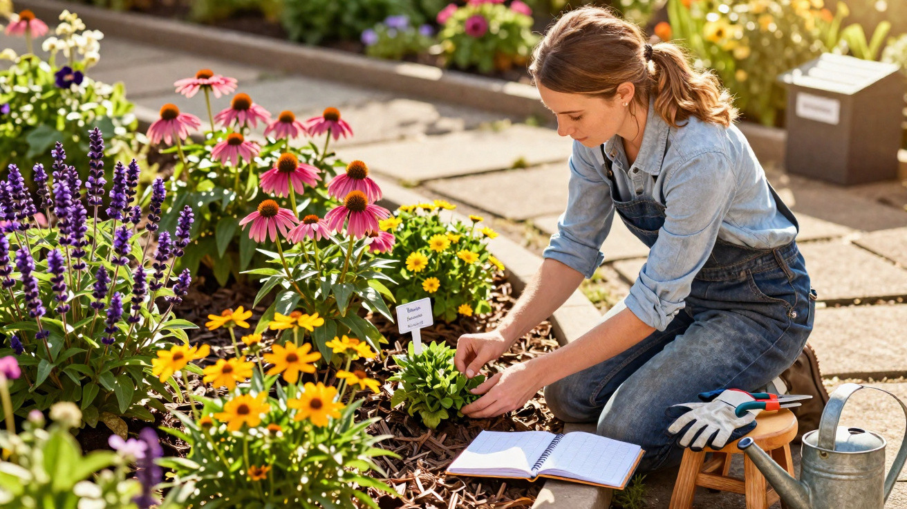 Mulher cuidando de plantas coloridas em jardim, com regador, luvas e caderno ao lado.