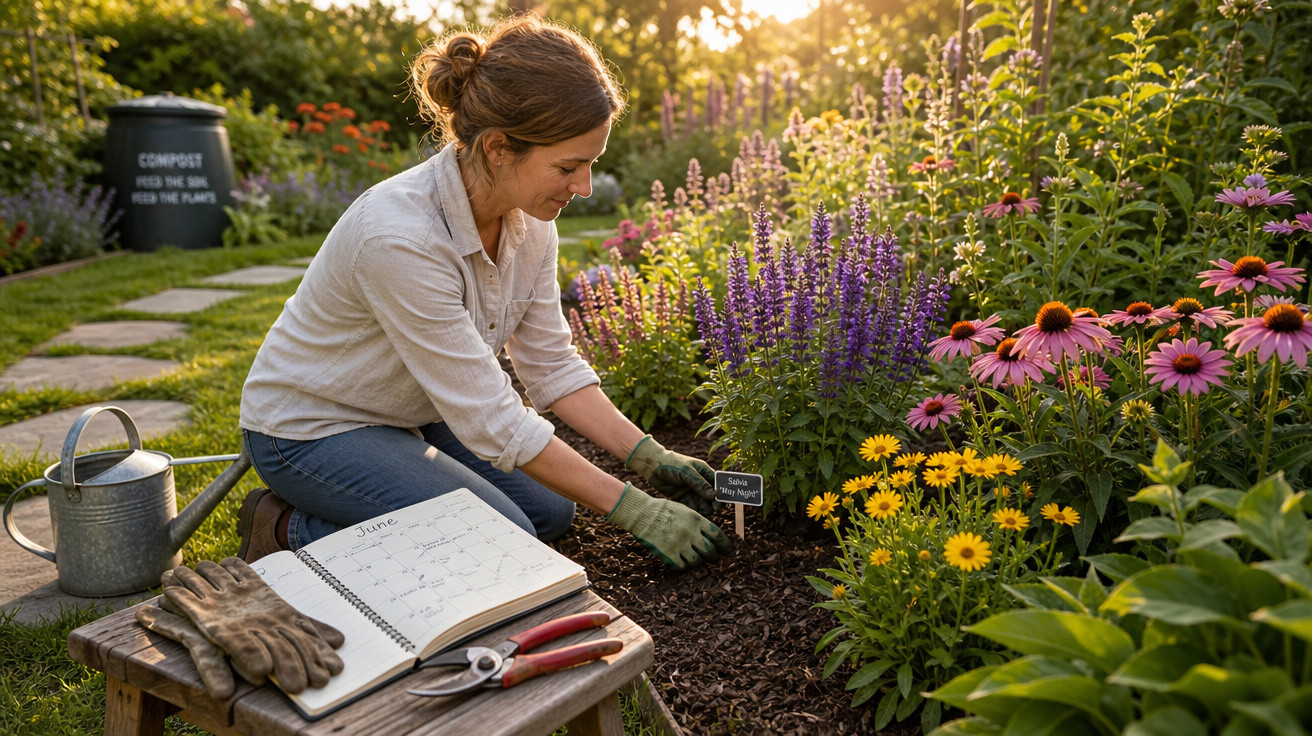 Mulher cuidando de flores em jardim ensolarado, com ferramentas de jardinagem e calendário ao lado.