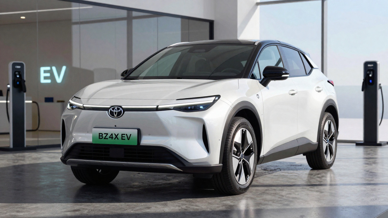 Carro elétrico Toyota BZ4X EV branco estacionado em área com estações de recarga.