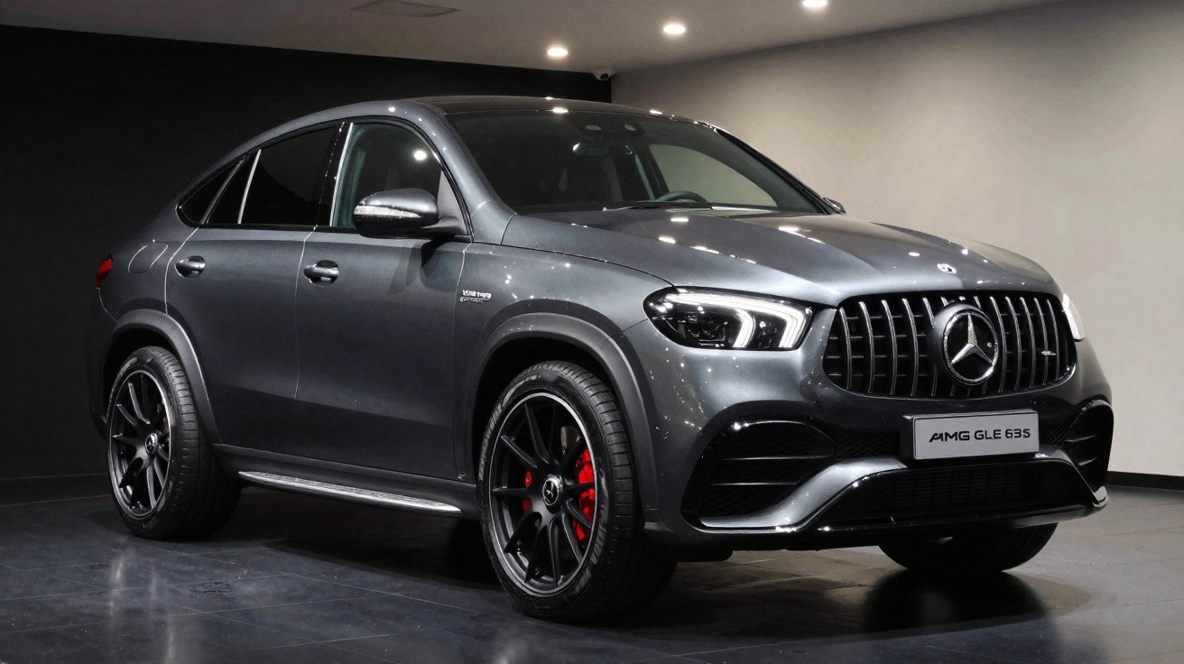 Mercedes-Benz AMG GLE 63 S cinza escuro, com rodas pretas e detalhes em vermelho, em ambiente interno iluminado.