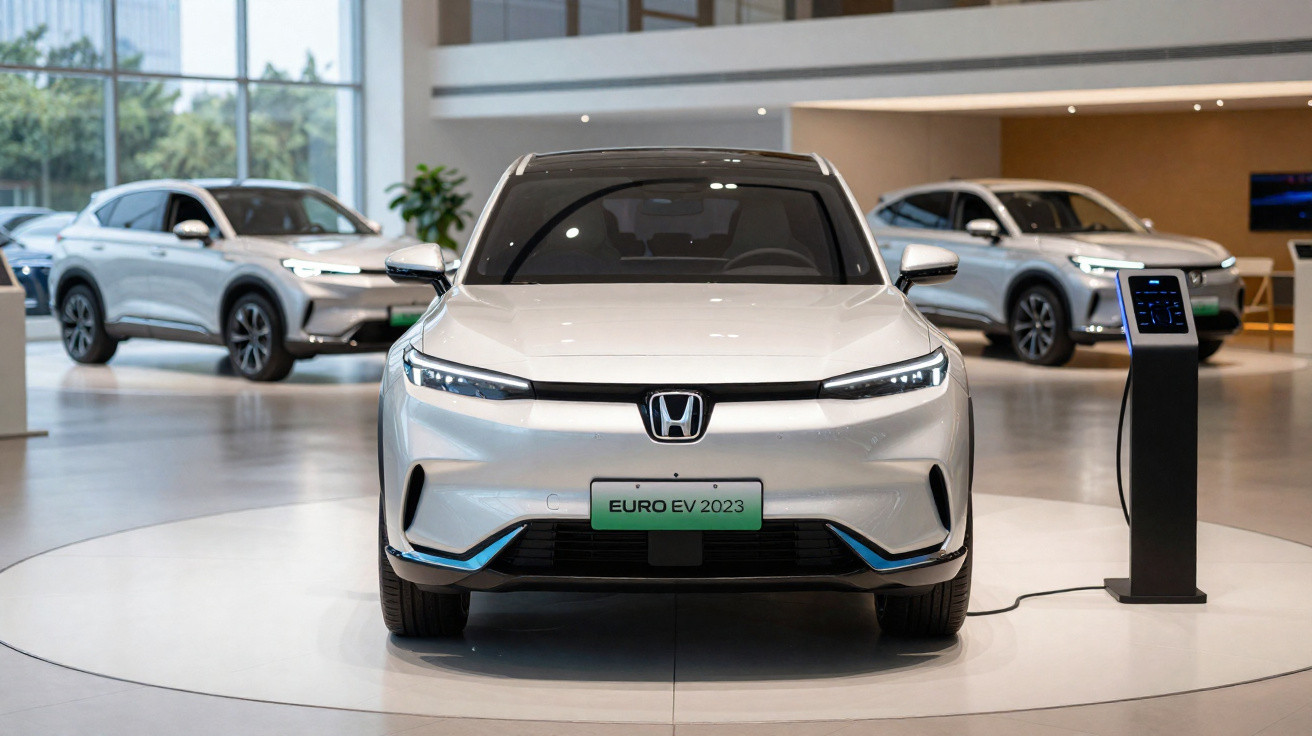Carro elétrico branco Honda Euro EV 2023 em exposição, conectado a carregador em ambiente interno.