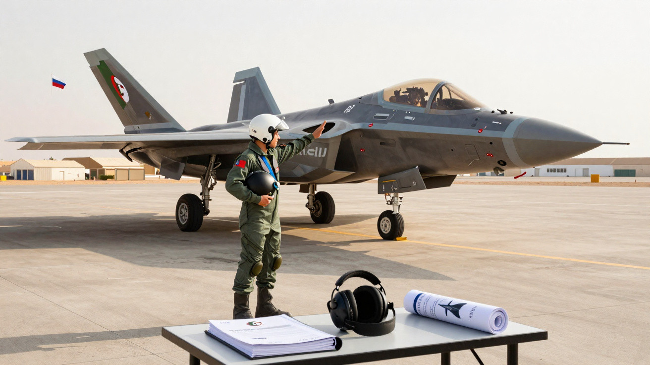 Piloto de caça aponta para aeronave F-35 no solo, com mesa contendo documentos e fones à frente.