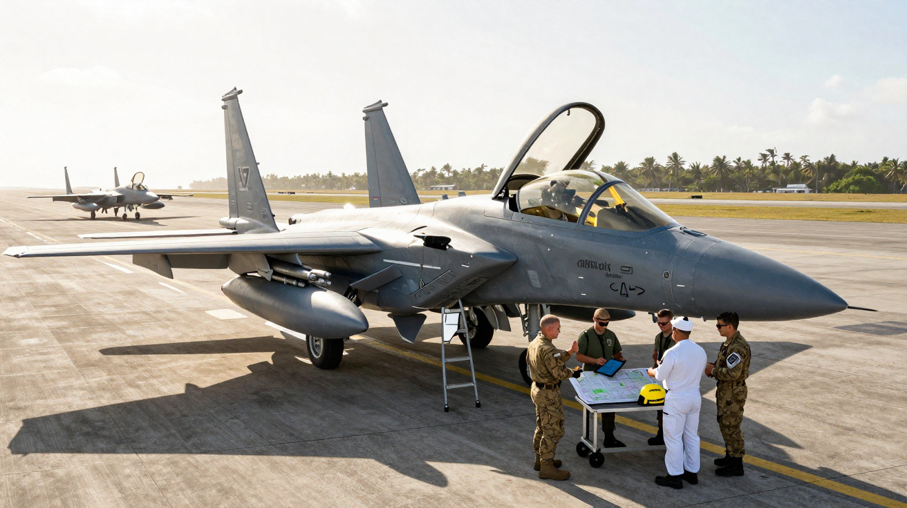 Caça F-15 estacionado em pista com cinco militares em reunião, em área ensolarada com palmeiras ao fundo.