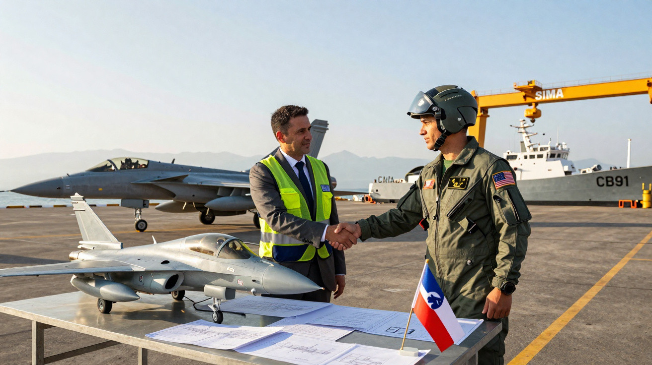 Homem em terno cumprimenta piloto militar ao lado de maquete de caça e documentos em área de aeroporto naval.