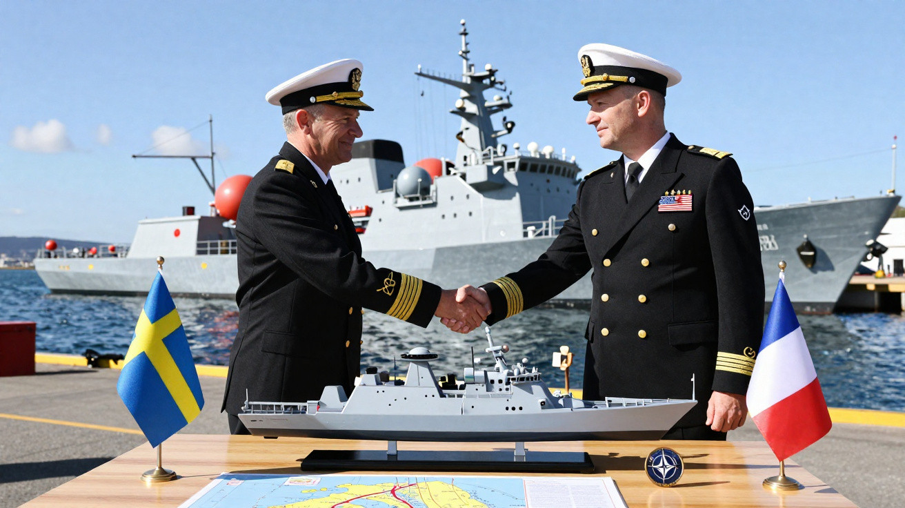Dois oficiais navais apertando as mãos em frente a uma maquete de navio e bandeiras da Suécia e França.
