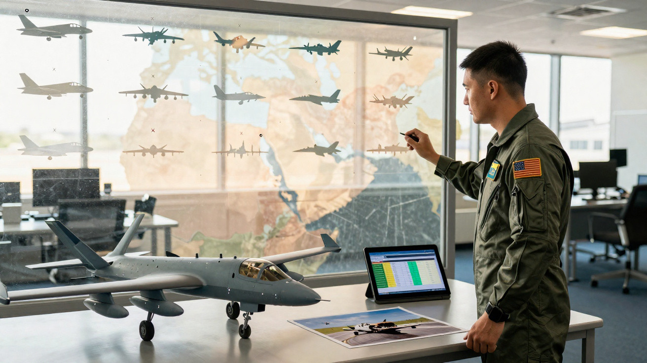 Militar em uniforme escrevendo em vidro com mapas e desenhos de aviões em sala de planejamento estratégico.