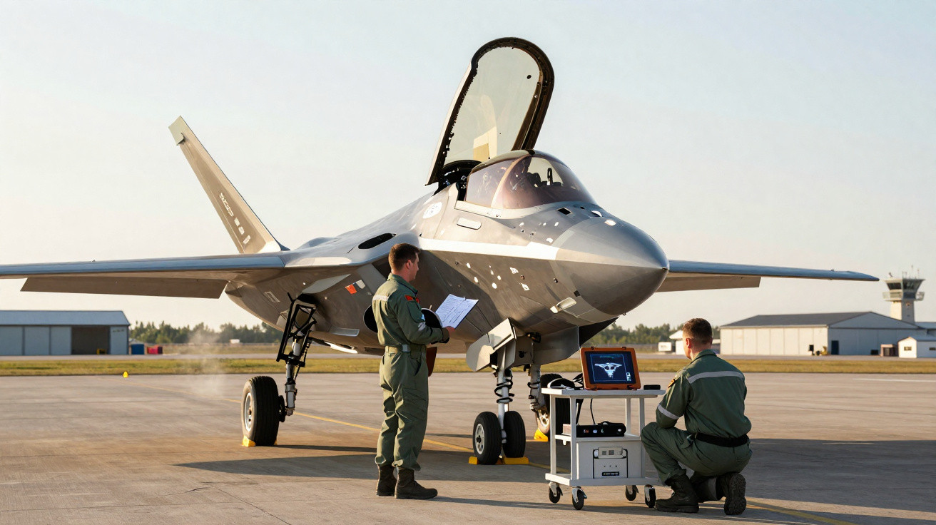Dois militares em uniforme verde realizam checagem em caça F-35 estacionado em pista de aeroporto.