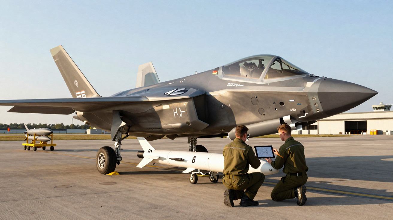 Avião caça estacionado em pista com dois militares em uniforme analisando equipamento próximo à aeronave.
