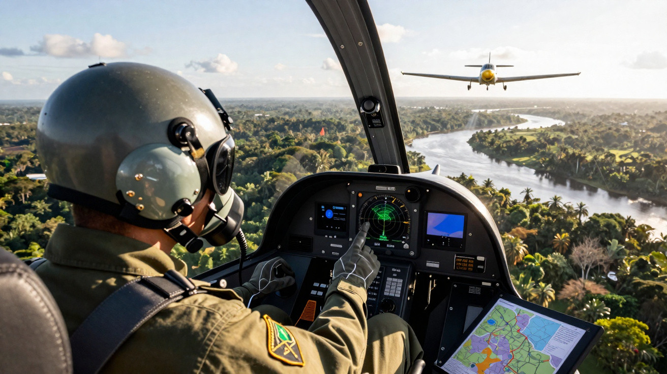 Piloto de helicóptero monitora radar e mapa, voando sobre área verde com avião se aproximando à frente.