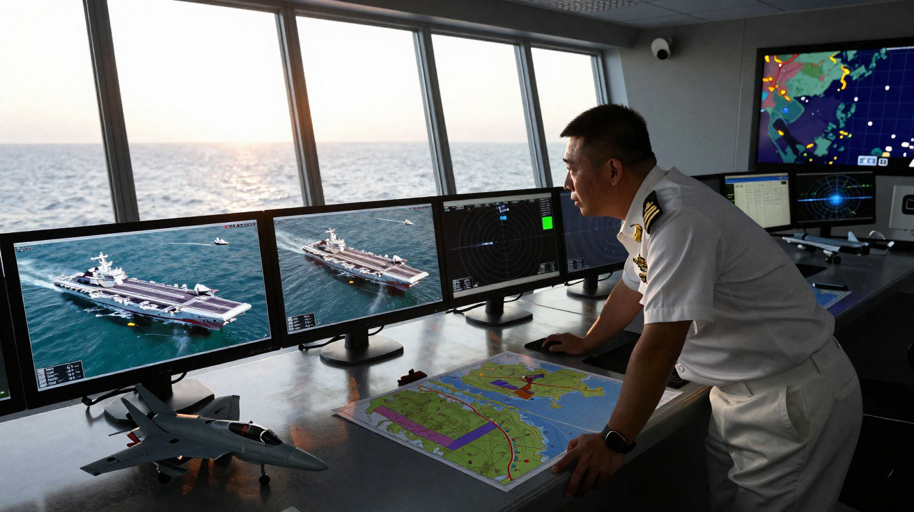 Homem de uniforme naval observa monitores com imagens de porta-aviões e mapa em sala de controle no mar.