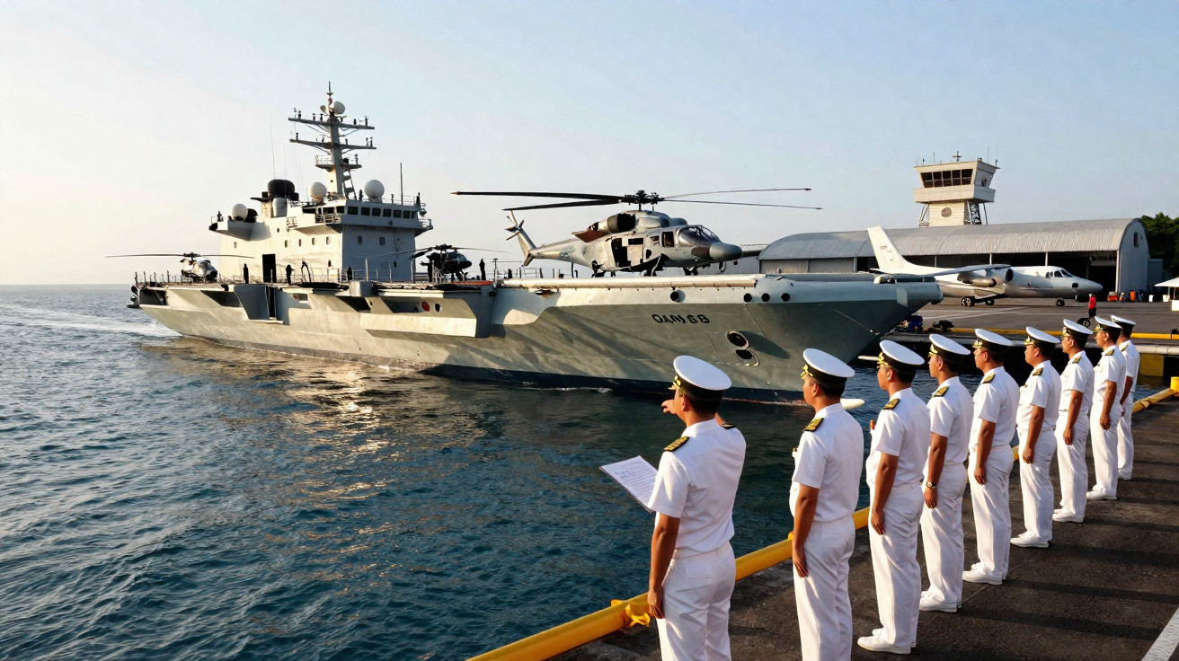 Marinheiros em uniforme branco em formação na doca observam navio militar com helicóptero no convés.