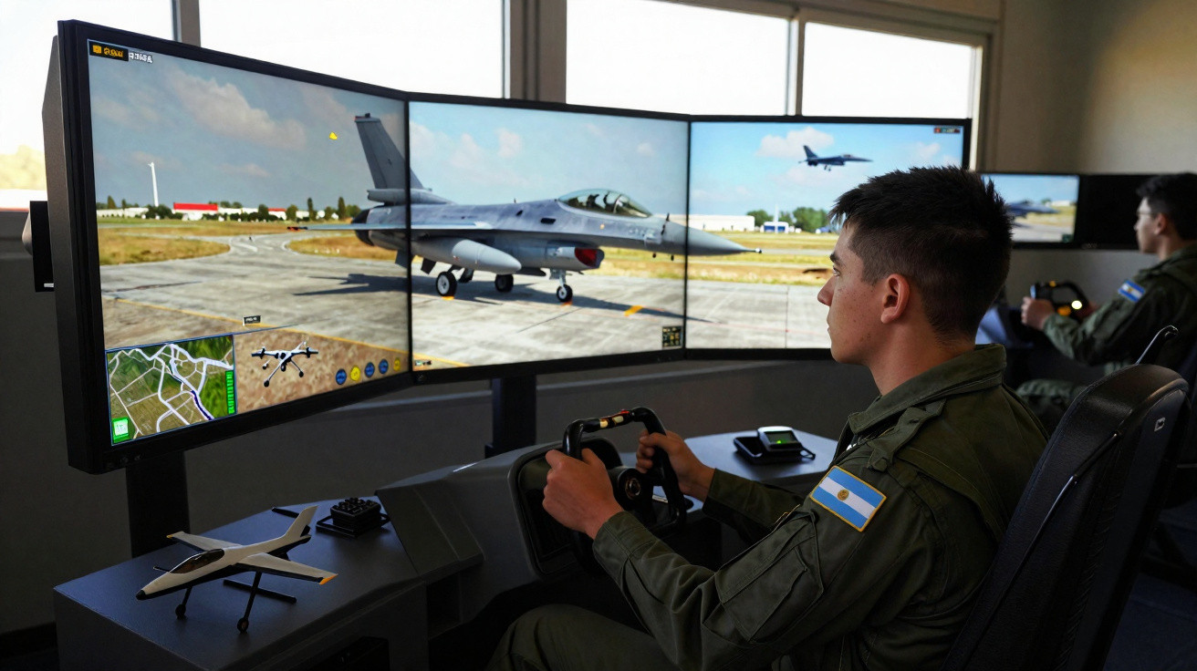 Militares argentinos treinam manobra de avião de combate em simulador de voo com telas amplas.