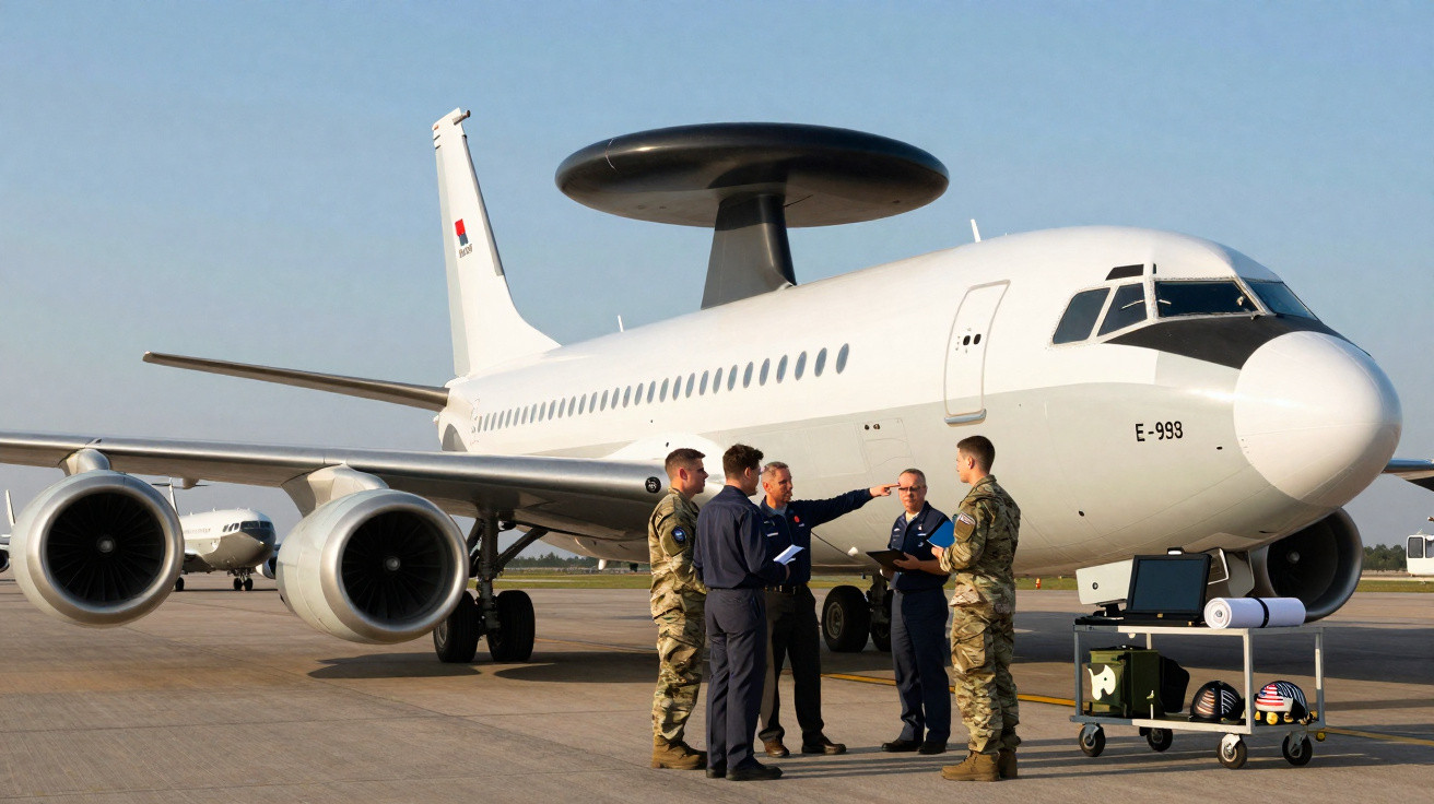 Avião militar com radar aéreo e cinco militares conversando ao lado na pista de decolagem.