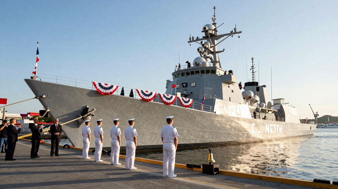 Navio militar cinza decorado, com marinheiros em uniforme branco alinhados no cais durante cerimônia.