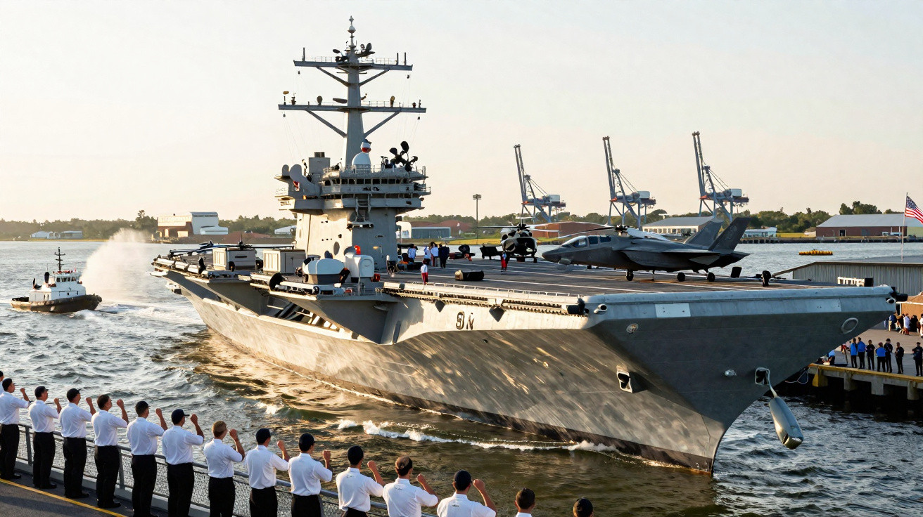 Porta-aviões naval retornando ao porto com pessoal em formação saudando na margem.