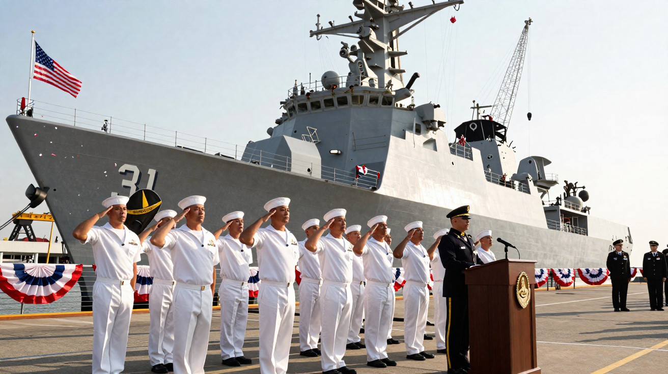 Marinheiros dos EUA em uniforme branco fazem continência em frente a navio militar ancorado no porto.