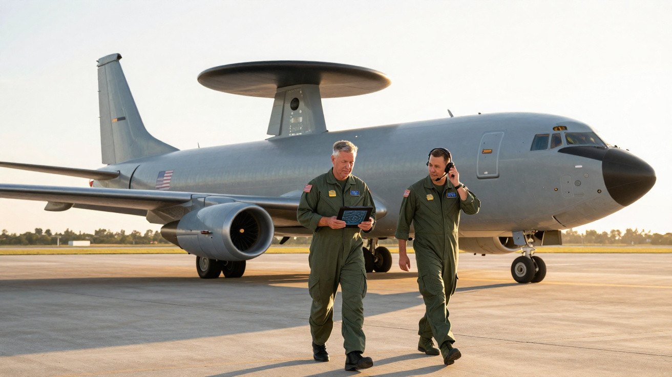 Dois militares em uniformes verdes caminhando em frente a uma aeronave de reconhecimento com radar circular na base aérea.