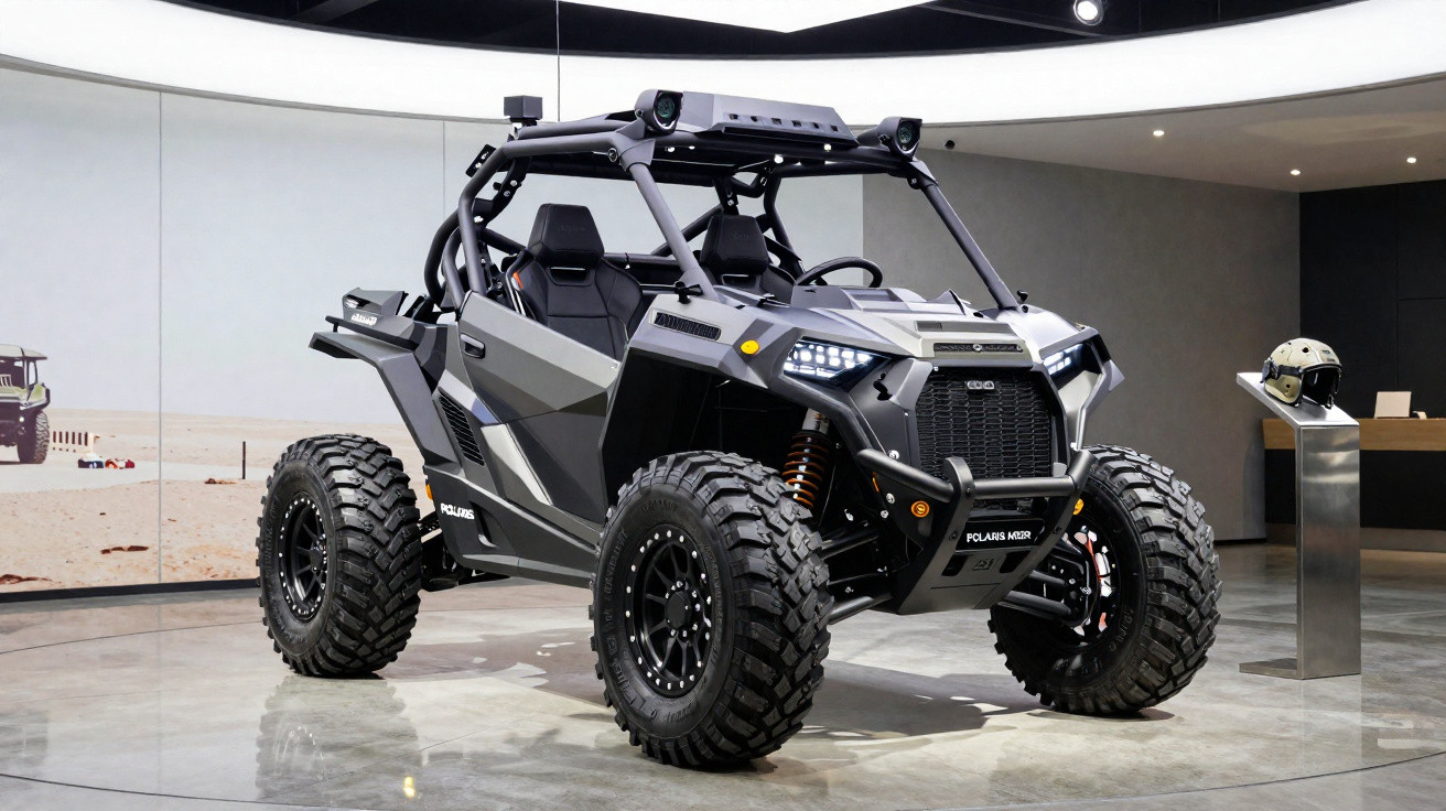 Veículo off-road Polaris cinza para duas pessoas exibido em ambiente interno moderno.