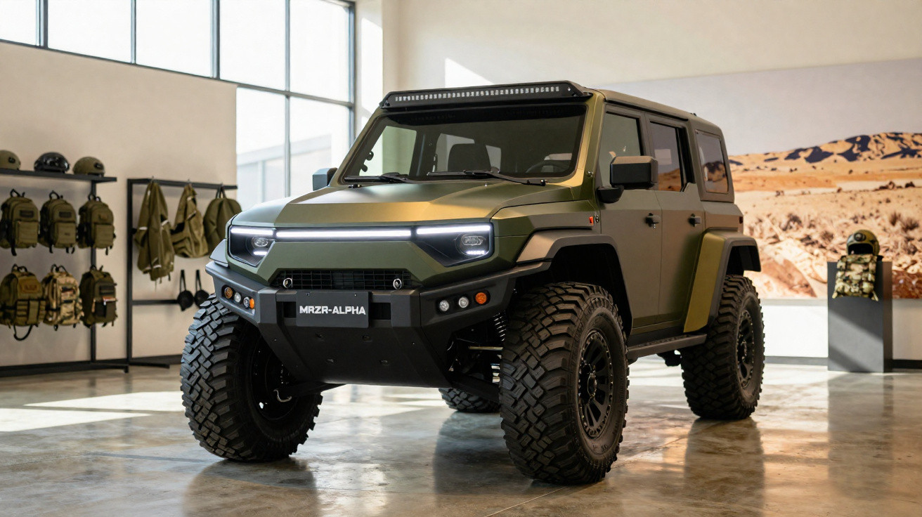 Veículo off-road elétrico MRZR Alpha verde militar em showroom com acessórios táticos ao fundo.