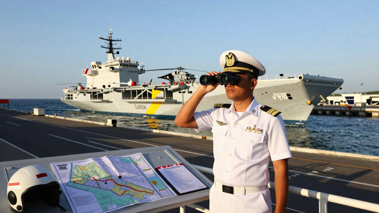 Marinheiro em uniforme branco usando binóculo no porto com navio militar ao fundo e mapas na mesa.