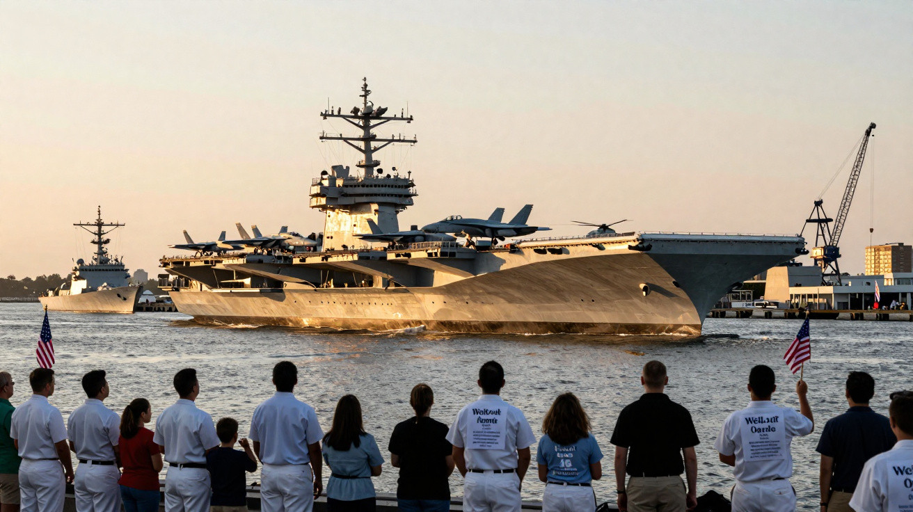 Pessoas observando navio de guerra com aviões no convés durante pôr do sol em porto.